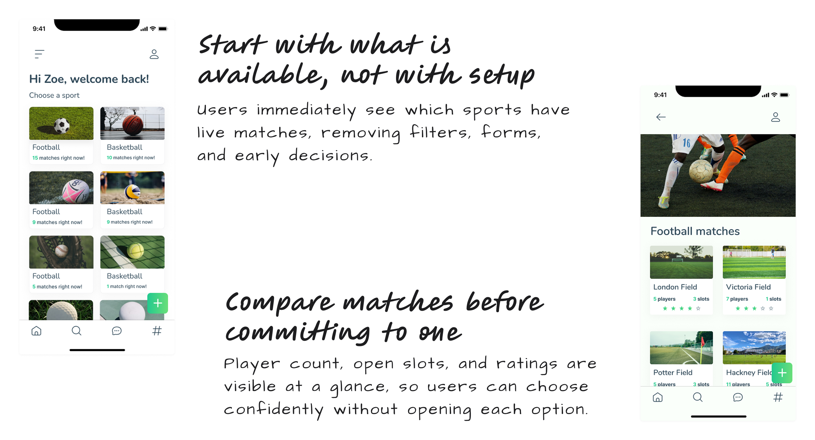 Sporty app screen showing onboarding and sport selection